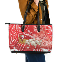 New Zealand Christmas In July Leather Tote Bag Funny Santa Sheep Meri Kirihimete Red