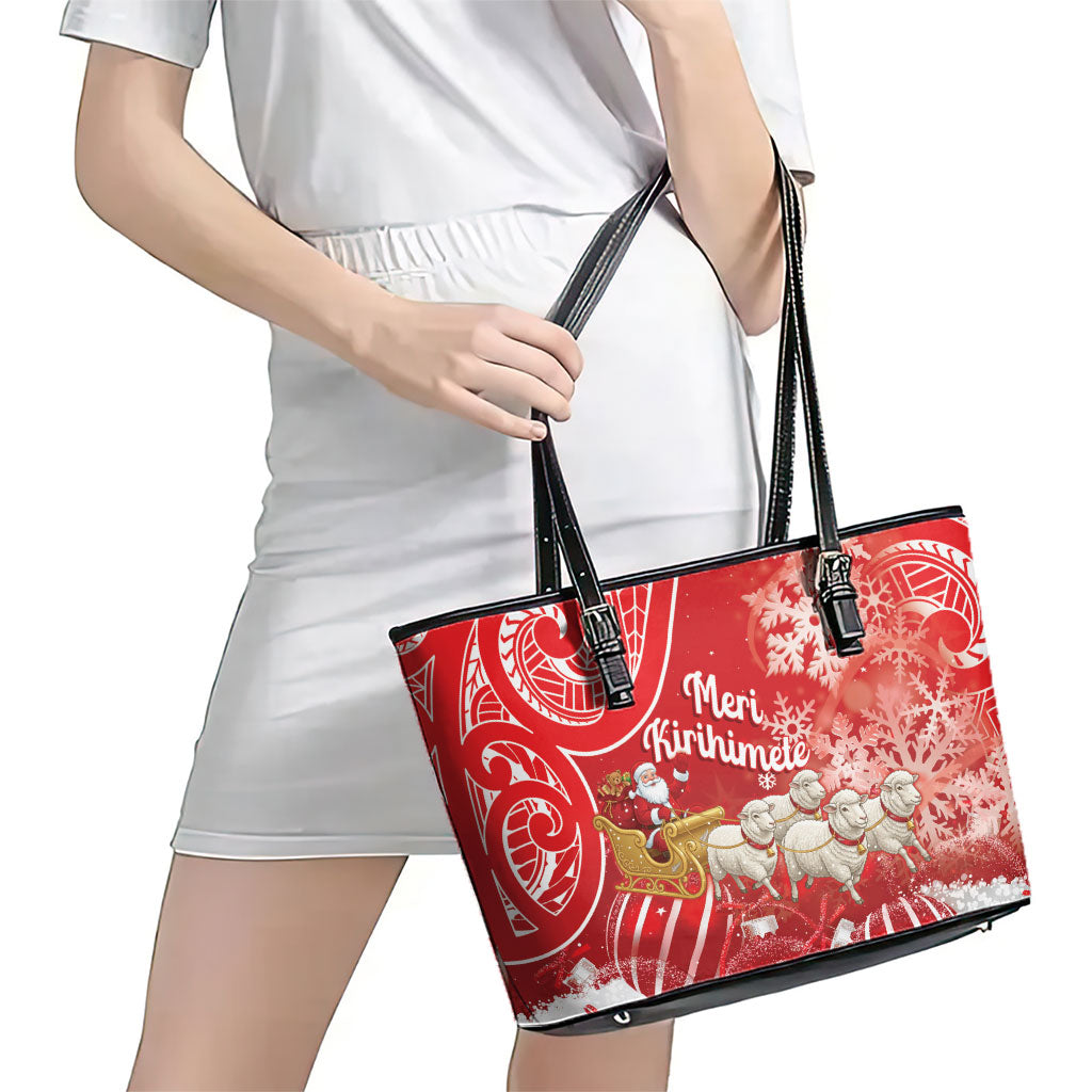 New Zealand Christmas In July Leather Tote Bag Funny Santa Sheep Meri Kirihimete Red