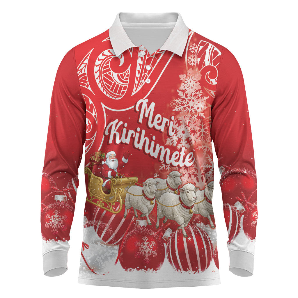 New Zealand Christmas In July Personalised Long Sleeve Polo Shirt Funny Santa Sheep Meri Kirihimete Red LT14 Red - Polynesian Pride