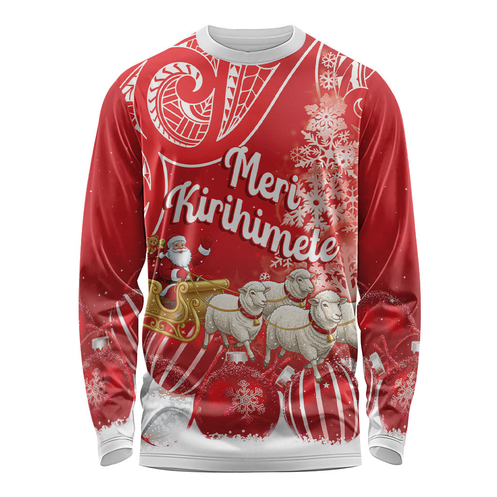 New Zealand Christmas In July Personalised Long Sleeve Shirt Funny Santa Sheep Meri Kirihimete Red