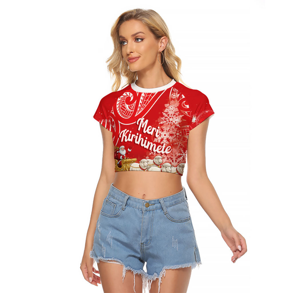New Zealand Christmas In July Personalised Raglan Cropped T Shirt Funny Santa Sheep Meri Kirihimete Red