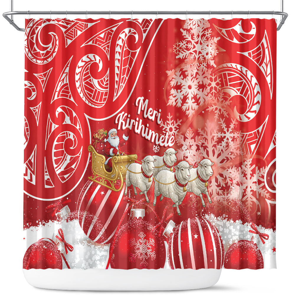 New Zealand Christmas In July Shower Curtain Funny Santa Sheep Meri Kirihimete Red