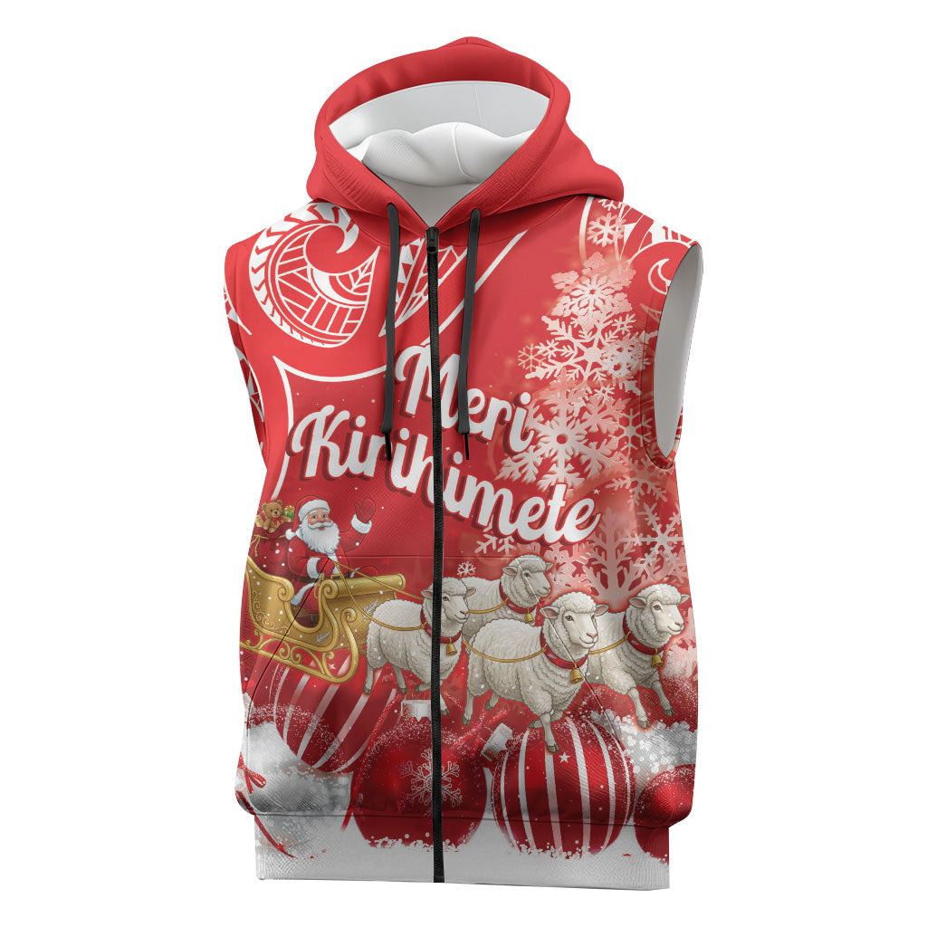 New Zealand Christmas In July Personalised Sleeveless Zip Hoodie Funny Santa Sheep Meri Kirihimete Red LT14 Red - Polynesian Pride