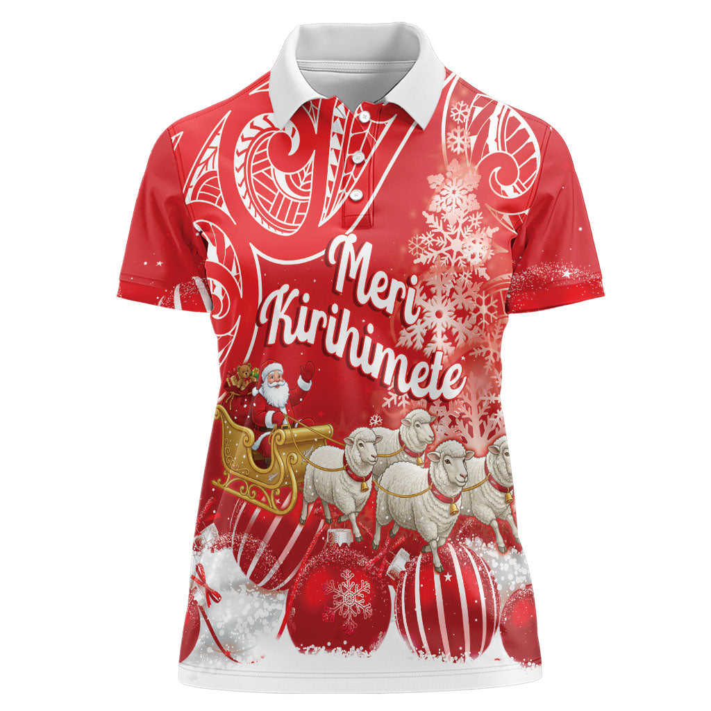 New Zealand Christmas In July Personalised Women Polo Shirt Funny Santa Sheep Meri Kirihimete Red LT14 Female Red - Polynesian Pride