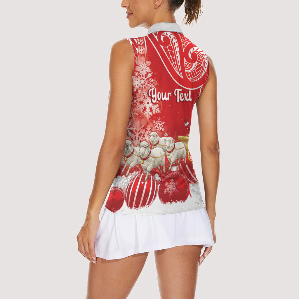 New Zealand Christmas In July Personalised Women Sleeveless Polo Shirt Funny Santa Sheep Meri Kirihimete Red