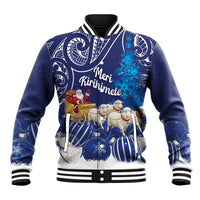 New Zealand Christmas In July Personalised Baseball Jacket Funny Santa Sheep Meri Kirihimete Blue