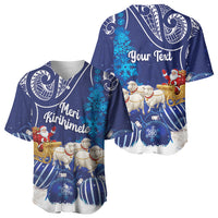 New Zealand Christmas In July Personalised Baseball Jersey Funny Santa Sheep Meri Kirihimete Blue