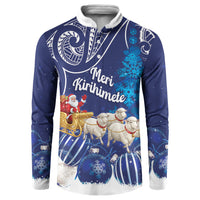 New Zealand Christmas In July Personalised Button Sweatshirt Funny Santa Sheep Meri Kirihimete Blue