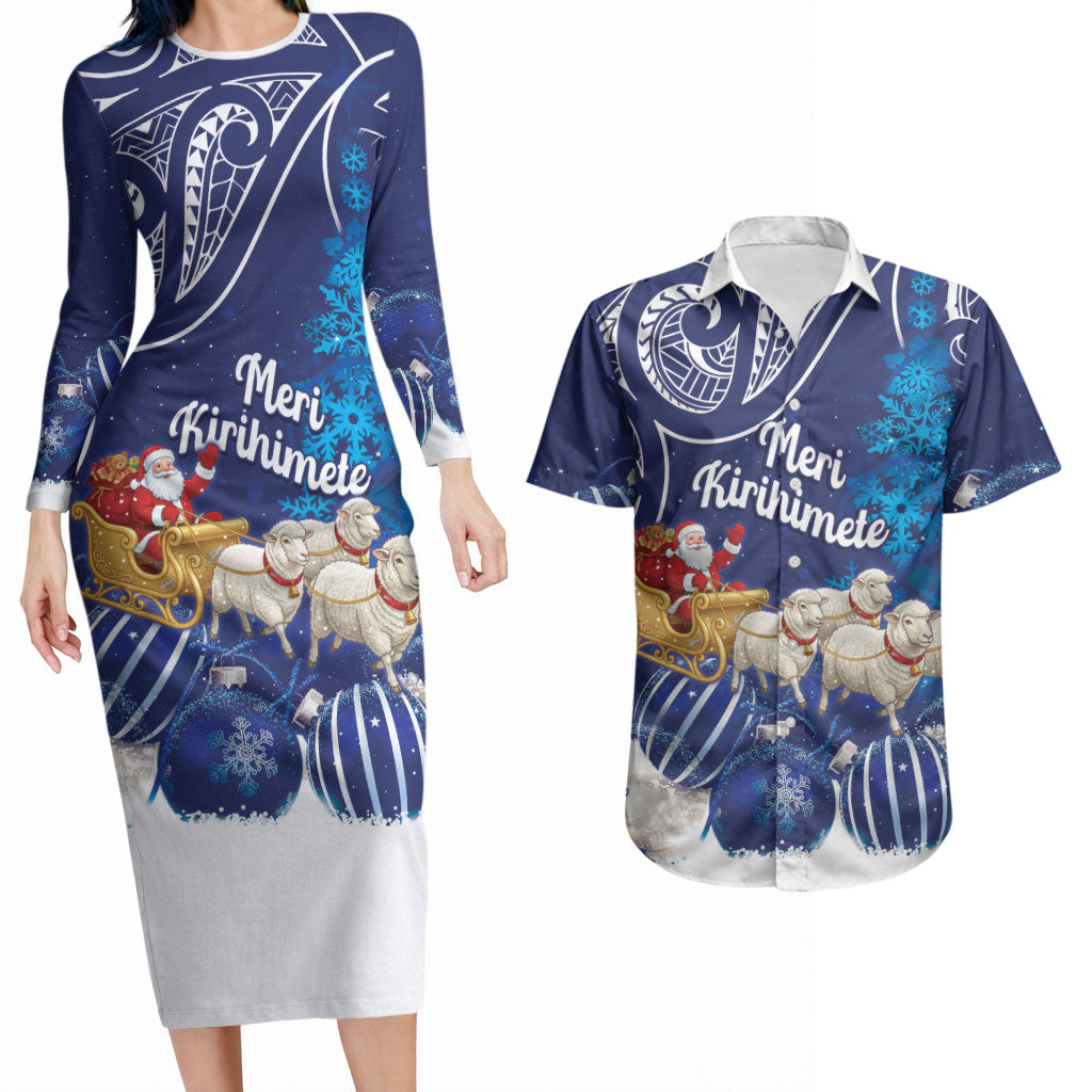 New Zealand Christmas In July Personalised Couples Matching Long Sleeve Bodycon Dress and Hawaiian Shirt Funny Santa Sheep Meri Kirihimete Blue LT14 Blue - Polynesian Pride