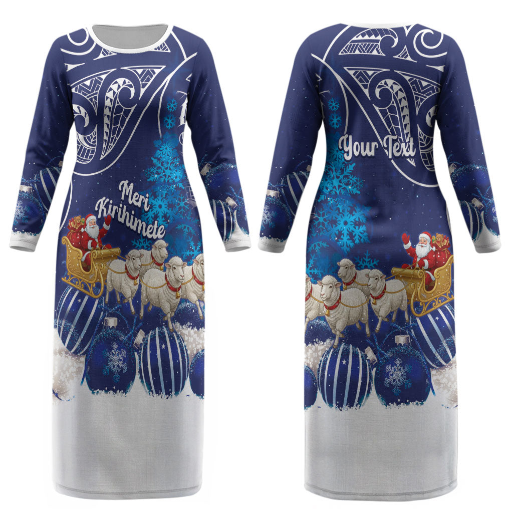 New Zealand Christmas In July Personalised Couples Matching Long Sleeve Bodycon Dress and Hawaiian Shirt Funny Santa Sheep Meri Kirihimete Blue LT14 - Polynesian Pride
