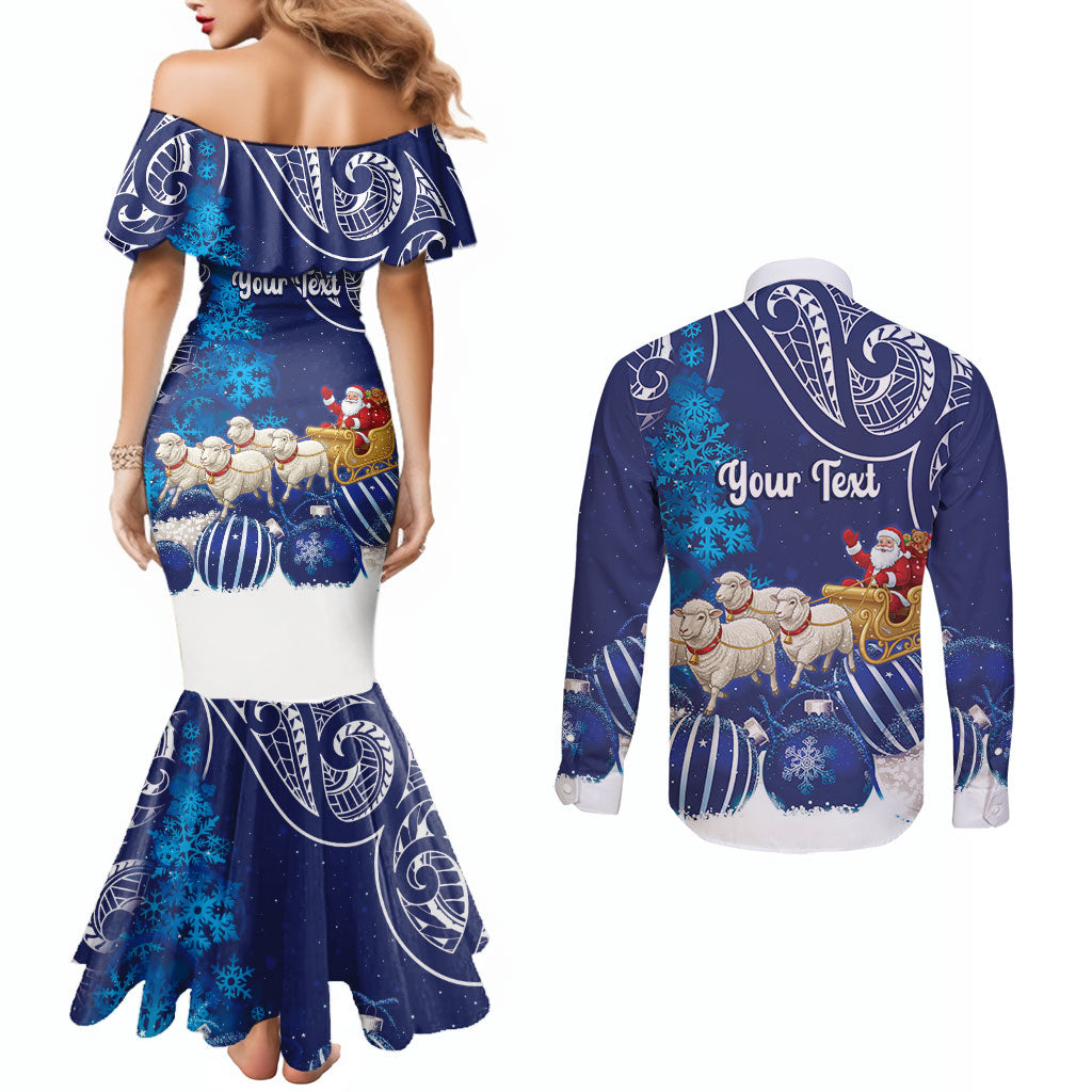 New Zealand Christmas In July Personalised Couples Matching Mermaid Dress and Long Sleeve Button Shirt Funny Santa Sheep Meri Kirihimete Blue