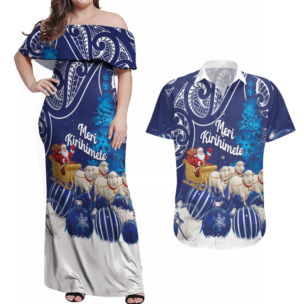 New Zealand Christmas In July Personalised Couples Matching Off Shoulder Maxi Dress and Hawaiian Shirt Funny Santa Sheep Meri Kirihimete Blue