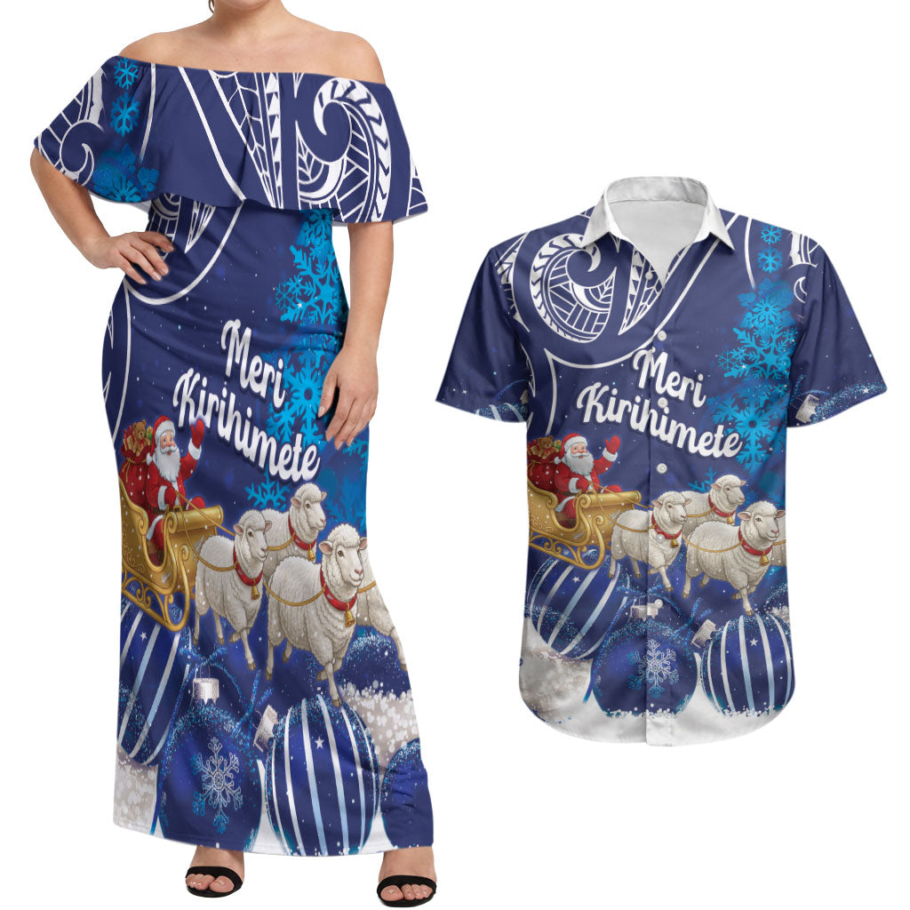 New Zealand Christmas In July Personalised Couples Matching Off Shoulder Maxi Dress and Hawaiian Shirt Funny Santa Sheep Meri Kirihimete Blue LT14 Blue - Polynesian Pride