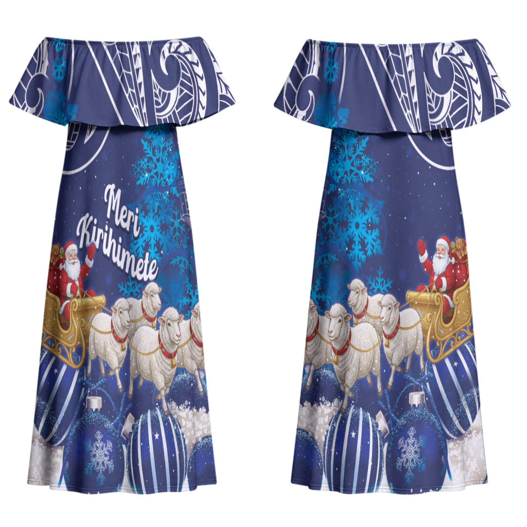New Zealand Christmas In July Personalised Couples Matching Off Shoulder Maxi Dress and Hawaiian Shirt Funny Santa Sheep Meri Kirihimete Blue LT14 - Polynesian Pride
