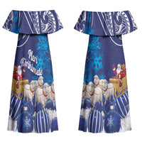 New Zealand Christmas In July Personalised Couples Matching Off Shoulder Maxi Dress and Hawaiian Shirt Funny Santa Sheep Meri Kirihimete Blue LT14 - Polynesian Pride