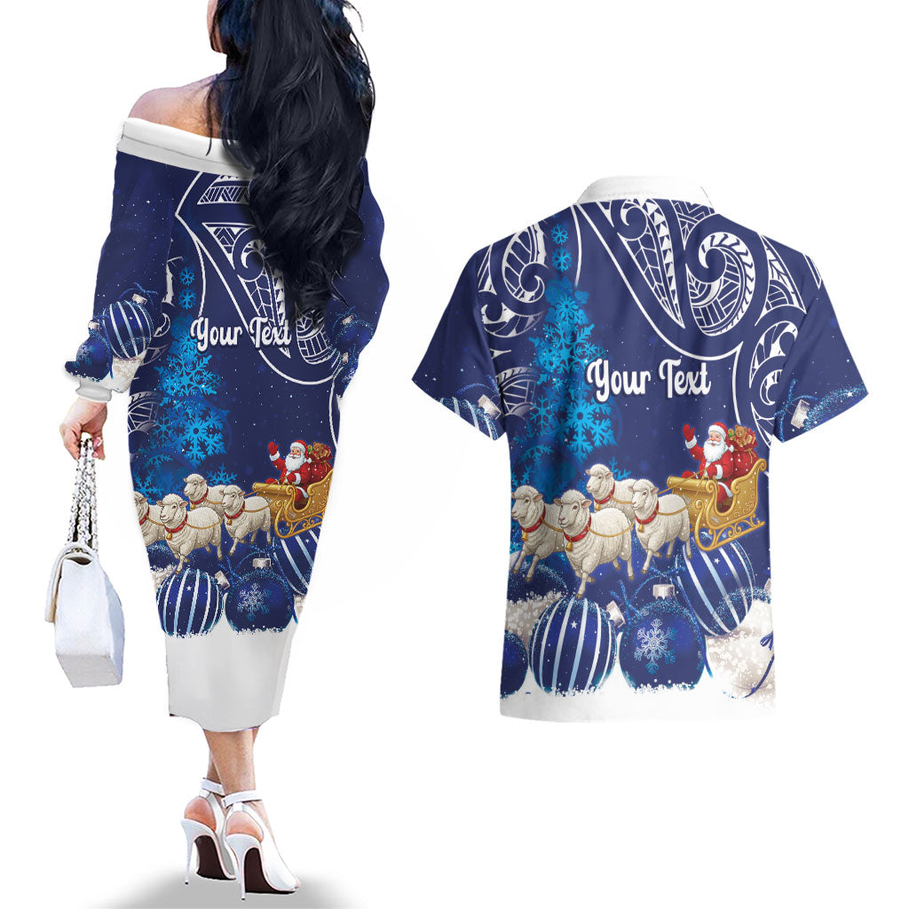New Zealand Christmas In July Personalised Couples Matching Off The Shoulder Long Sleeve Dress and Hawaiian Shirt Funny Santa Sheep Meri Kirihimete Blue