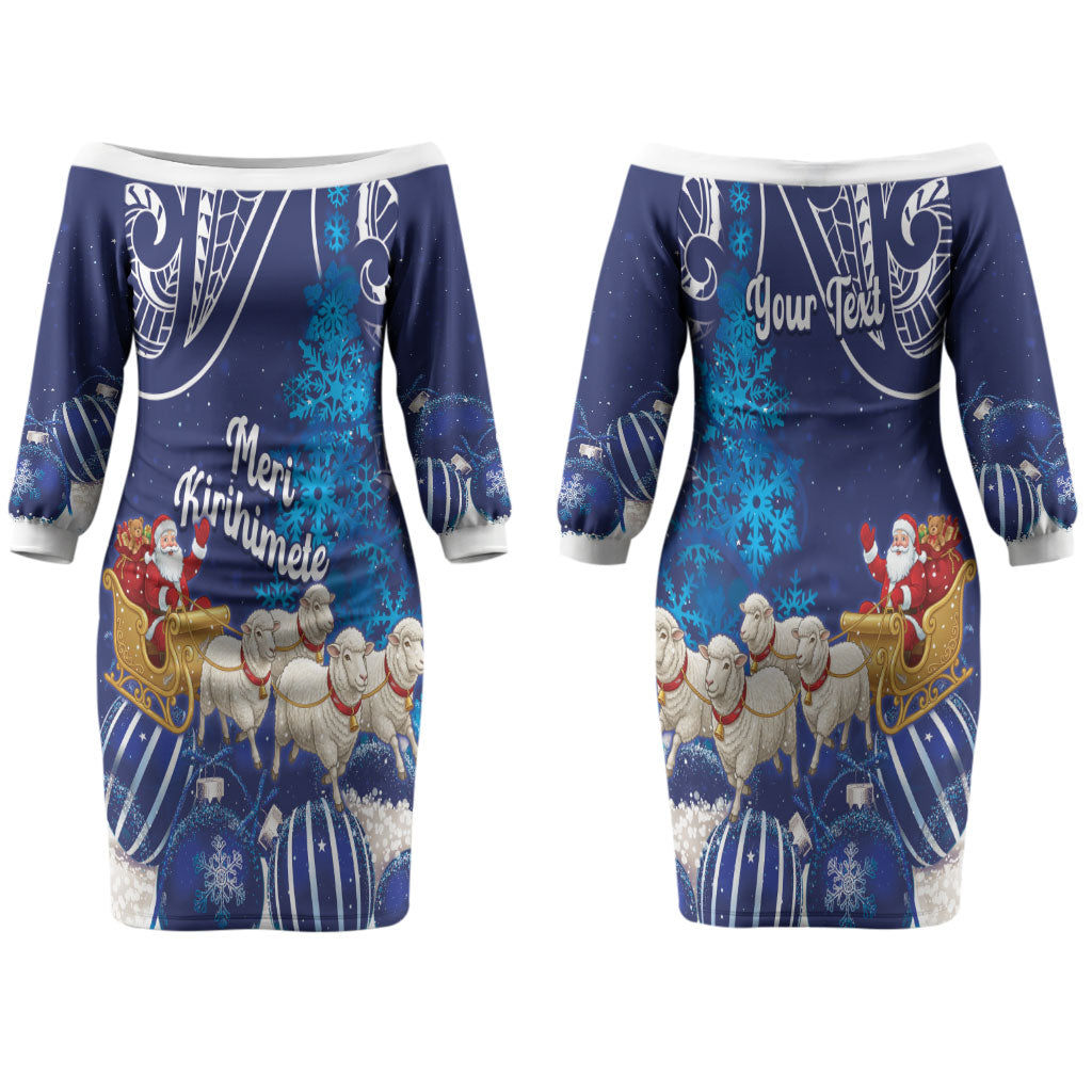 New Zealand Christmas In July Personalised Couples Matching Off The Shoulder Long Sleeve Dress and Hawaiian Shirt Funny Santa Sheep Meri Kirihimete Blue LT14 - Polynesian Pride