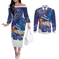 New Zealand Christmas In July Personalised Couples Matching Off The Shoulder Long Sleeve Dress and Long Sleeve Button Shirt Funny Santa Sheep Meri Kirihimete Blue