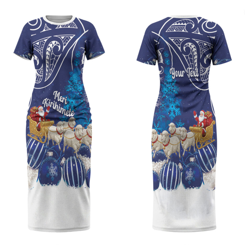 New Zealand Christmas In July Personalised Couples Matching Short Sleeve Bodycon Dress and Long Sleeve Button Shirt Funny Santa Sheep Meri Kirihimete Blue LT14 - Polynesian Pride