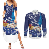 New Zealand Christmas In July Personalised Couples Matching Summer Maxi Dress and Long Sleeve Button Shirt Funny Santa Sheep Meri Kirihimete Blue