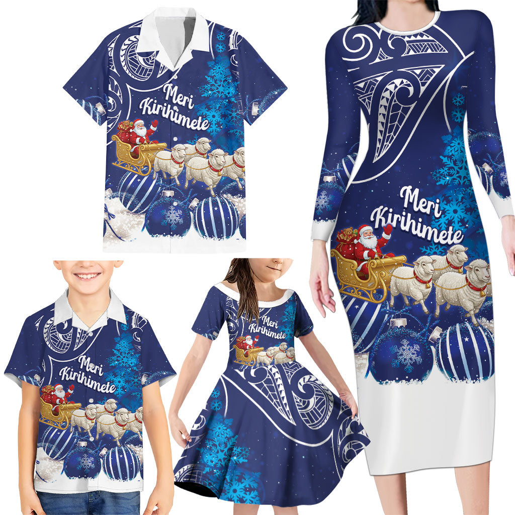 New Zealand Christmas In July Personalised Family Matching Long Sleeve Bodycon Dress and Hawaiian Shirt Funny Santa Sheep Meri Kirihimete Blue
