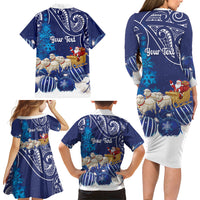 New Zealand Christmas In July Personalised Family Matching Long Sleeve Bodycon Dress and Hawaiian Shirt Funny Santa Sheep Meri Kirihimete Blue