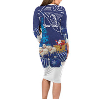 New Zealand Christmas In July Personalised Family Matching Long Sleeve Bodycon Dress and Hawaiian Shirt Funny Santa Sheep Meri Kirihimete Blue