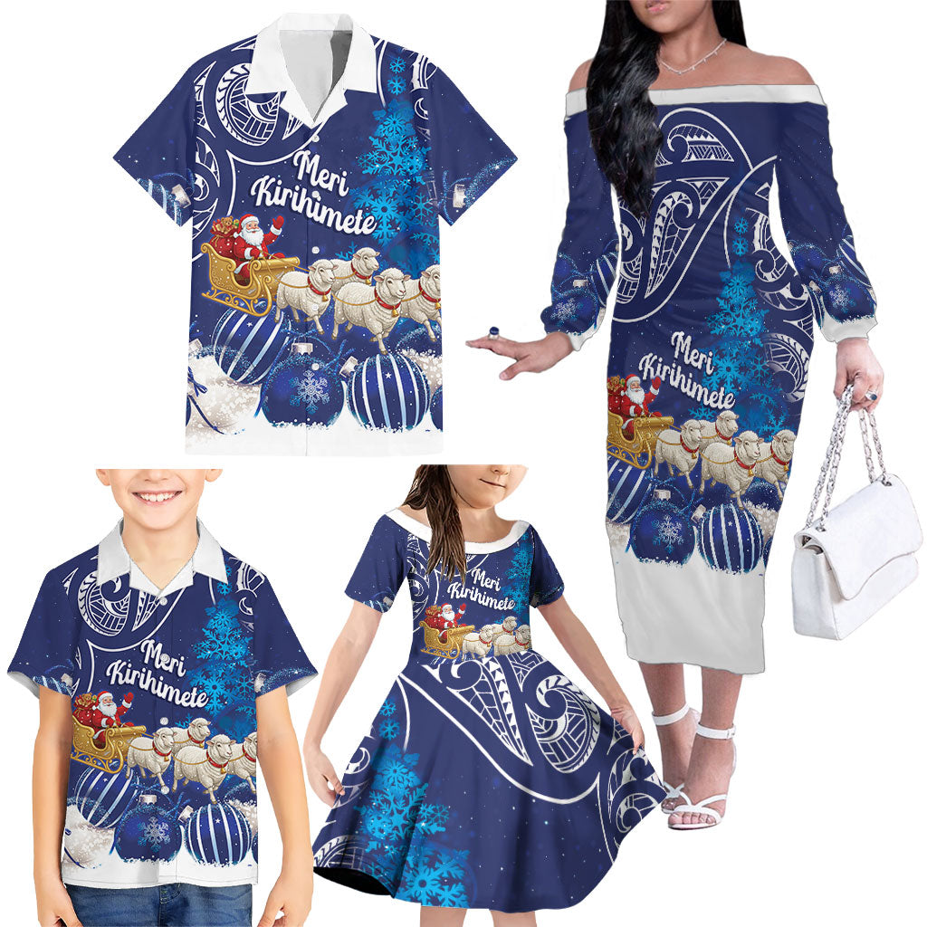 New Zealand Christmas In July Personalised Family Matching Off The Shoulder Long Sleeve Dress and Hawaiian Shirt Funny Santa Sheep Meri Kirihimete Blue