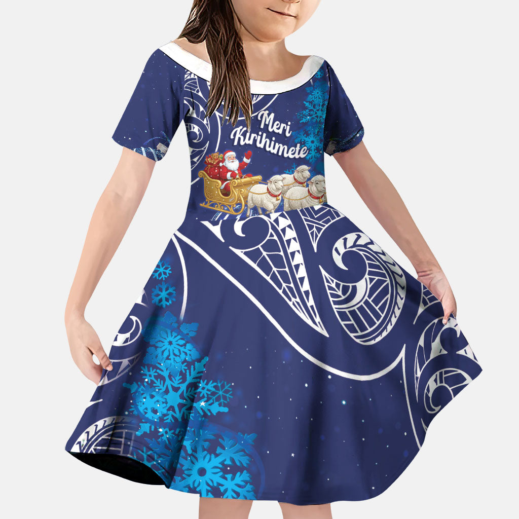 New Zealand Christmas In July Personalised Family Matching Off Shoulder Short Dress and Hawaiian Shirt Funny Santa Sheep Meri Kirihimete Blue
