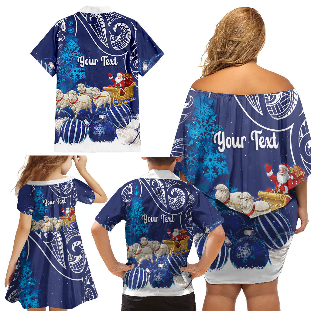 New Zealand Christmas In July Personalised Family Matching Off Shoulder Short Dress and Hawaiian Shirt Funny Santa Sheep Meri Kirihimete Blue