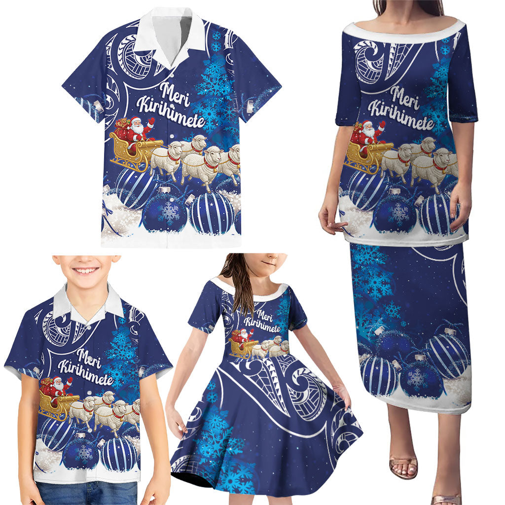 New Zealand Christmas In July Personalised Family Matching Puletasi and Hawaiian Shirt Funny Santa Sheep Meri Kirihimete Blue