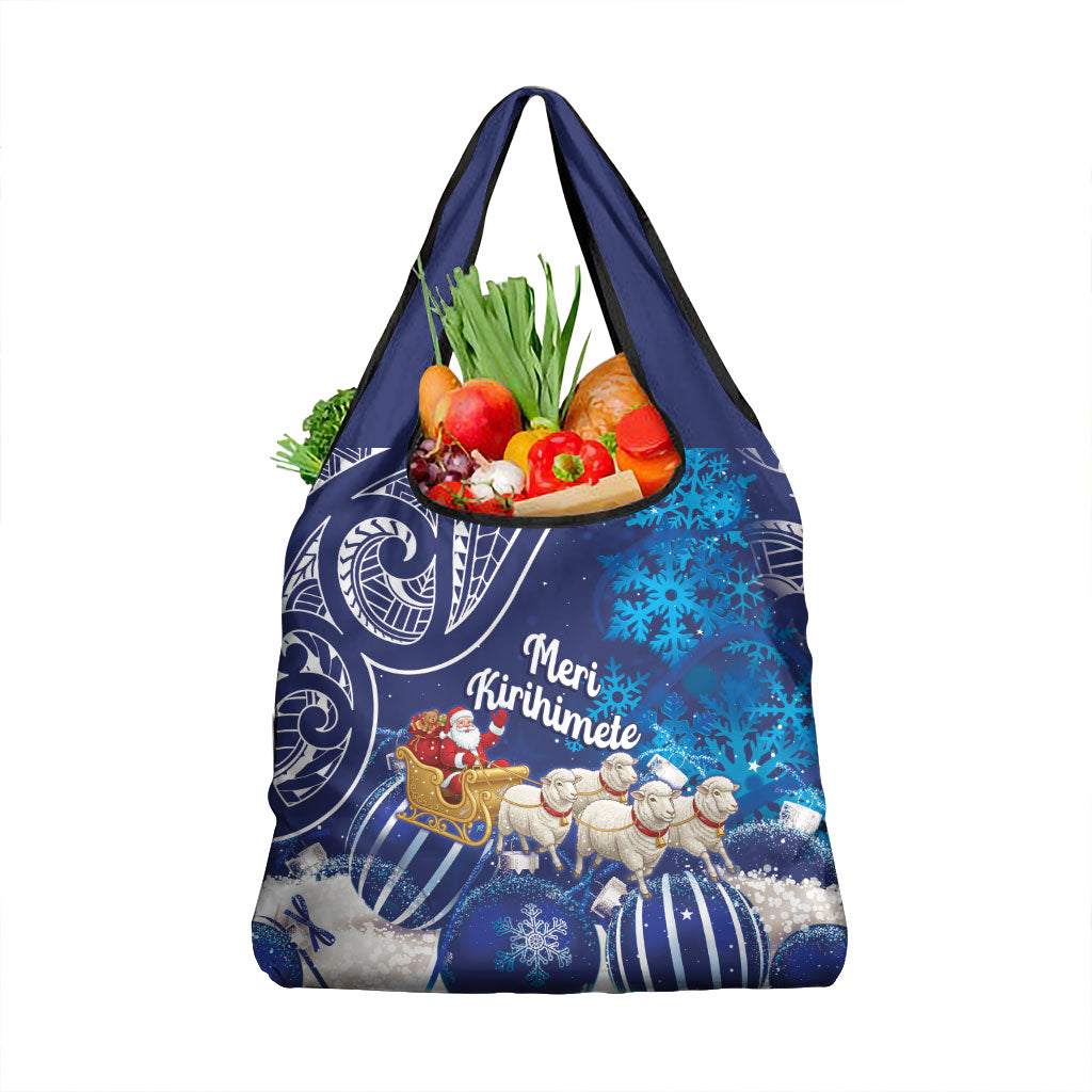 New Zealand Christmas In July Grocery Bag Funny Santa Sheep Meri Kirihimete Blue
