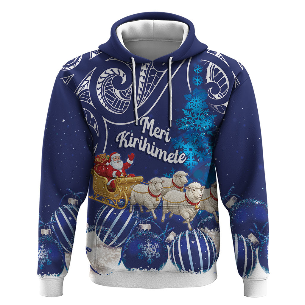 New Zealand Christmas In July Personalised Hoodie Funny Santa Sheep Meri Kirihimete Blue LT14 Pullover Hoodie Blue - Polynesian Pride