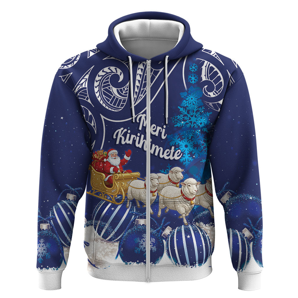 New Zealand Christmas In July Personalised Hoodie Funny Santa Sheep Meri Kirihimete Blue