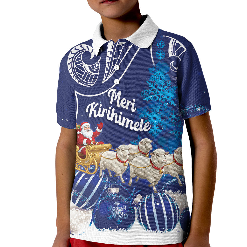 New Zealand Christmas In July Personalised Kid Polo Shirt Funny Santa Sheep Meri Kirihimete Blue LT14 Kid Blue - Polynesian Pride