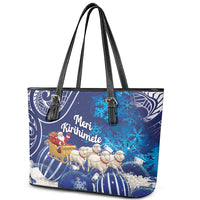 New Zealand Christmas In July Leather Tote Bag Funny Santa Sheep Meri Kirihimete Blue