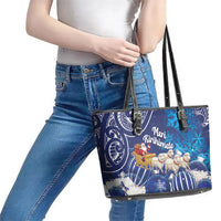 New Zealand Christmas In July Leather Tote Bag Funny Santa Sheep Meri Kirihimete Blue