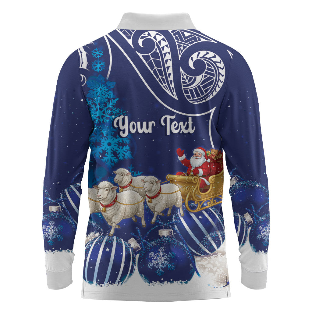 New Zealand Christmas In July Personalised Long Sleeve Polo Shirt Funny Santa Sheep Meri Kirihimete Blue