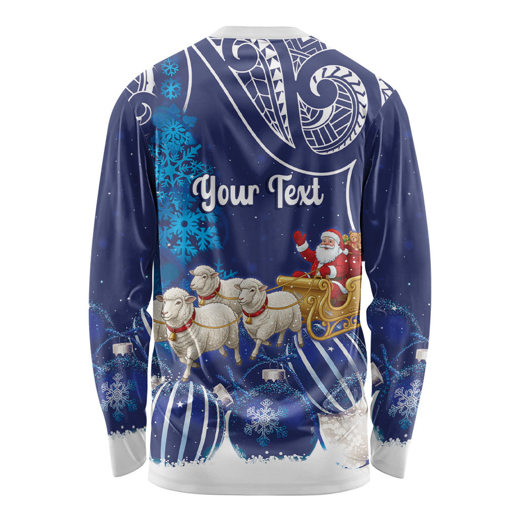 New Zealand Christmas In July Personalised Long Sleeve Shirt Funny Santa Sheep Meri Kirihimete Blue