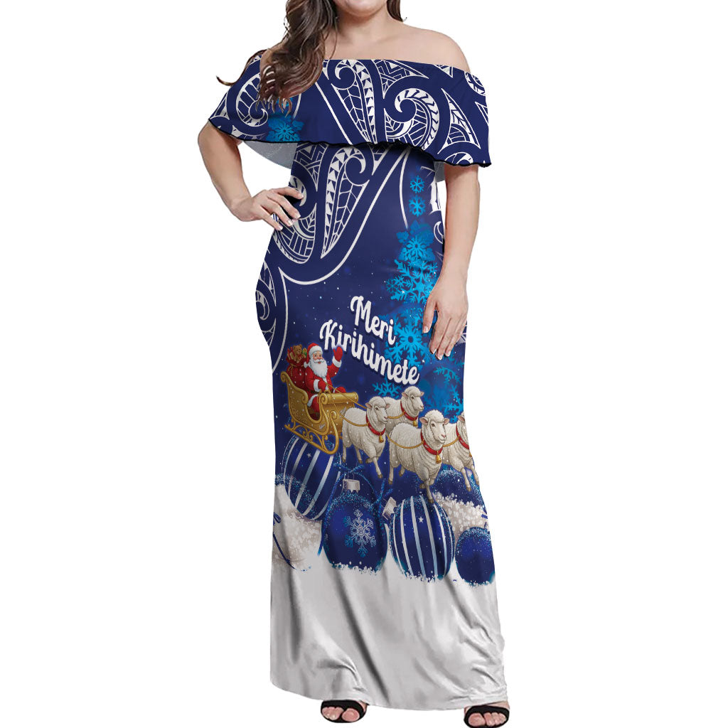 New Zealand Christmas In July Personalised Off Shoulder Maxi Dress Funny Santa Sheep Meri Kirihimete Blue