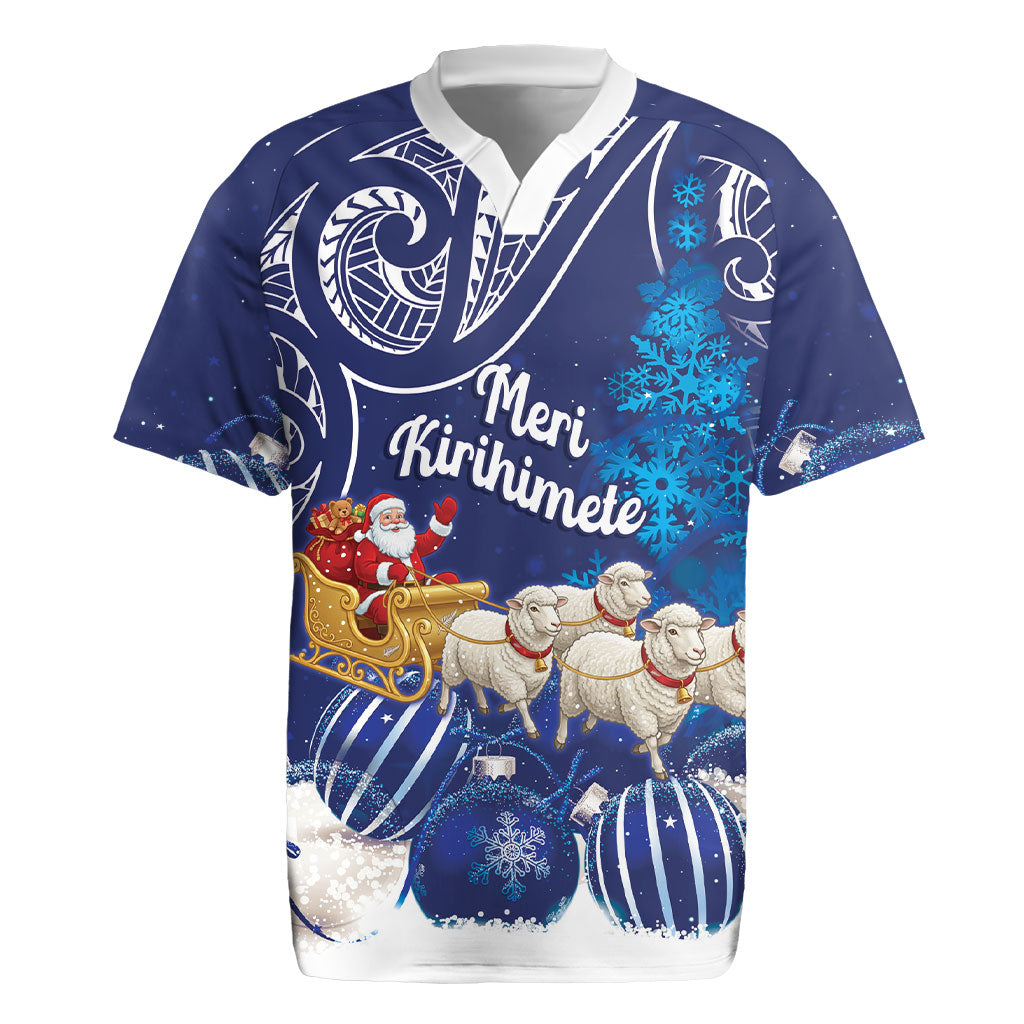 New Zealand Christmas In July Personalised Rugby Jersey Funny Santa Sheep Meri Kirihimete Blue