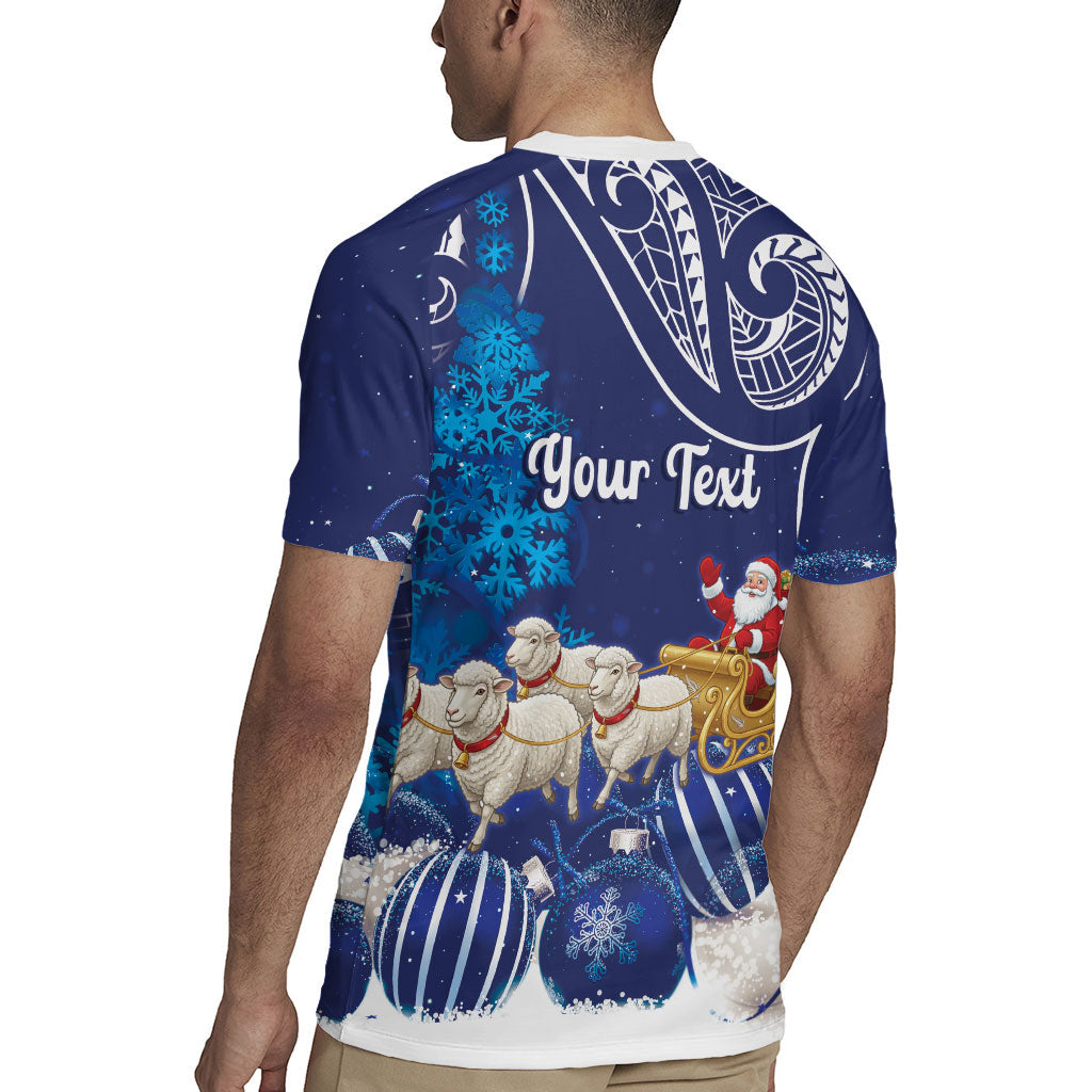 New Zealand Christmas In July Personalised Rugby Jersey Funny Santa Sheep Meri Kirihimete Blue