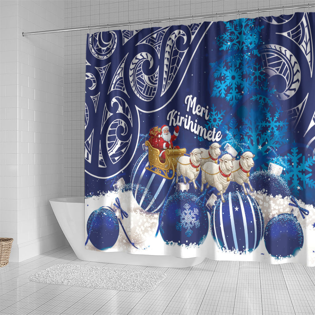 New Zealand Christmas In July Shower Curtain Funny Santa Sheep Meri Kirihimete Blue