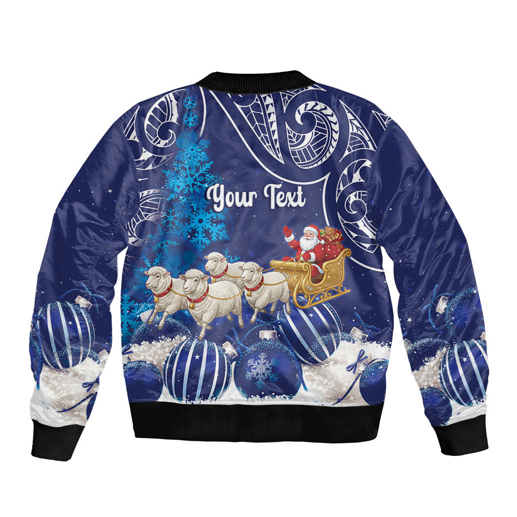 New Zealand Christmas In July Personalised Sleeve Zip Bomber Jacket Funny Santa Sheep Meri Kirihimete Blue