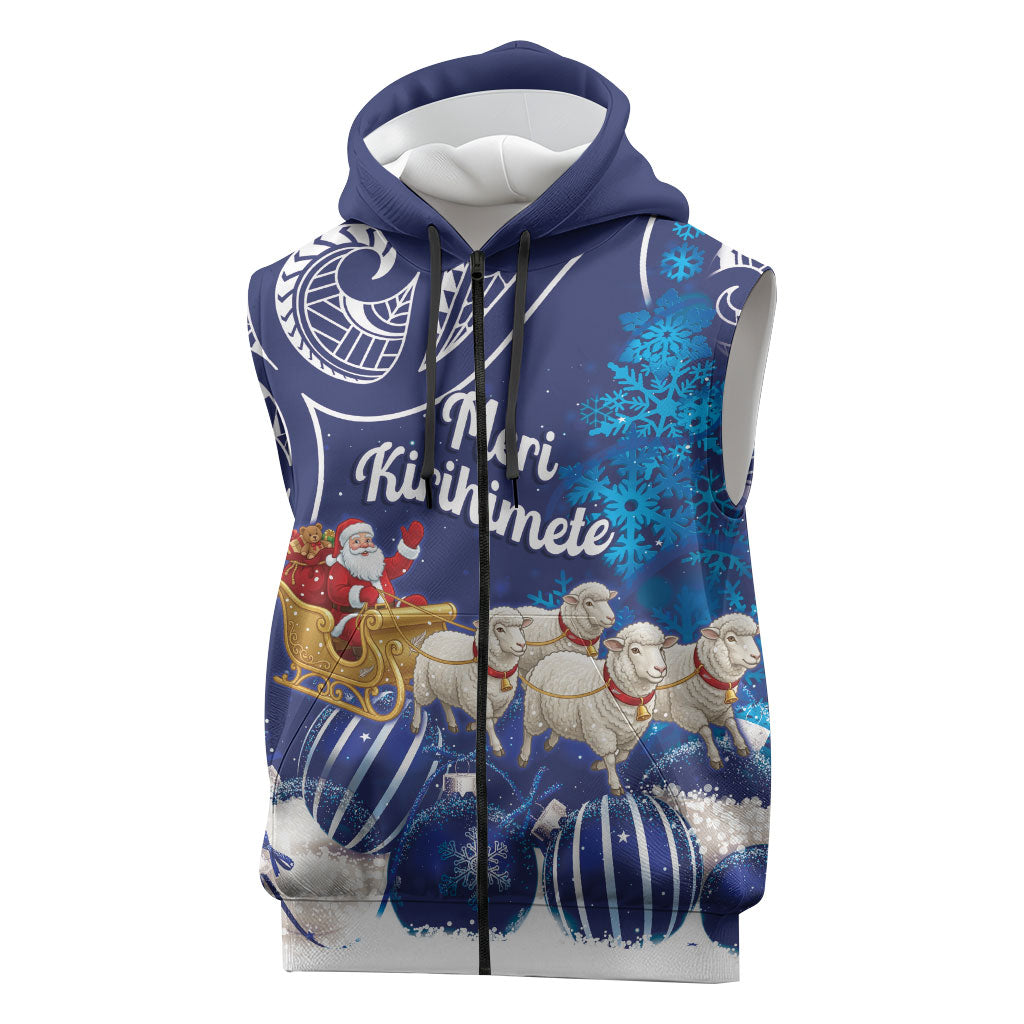 New Zealand Christmas In July Personalised Sleeveless Zip Hoodie Funny Santa Sheep Meri Kirihimete Blue LT14 Blue - Polynesian Pride