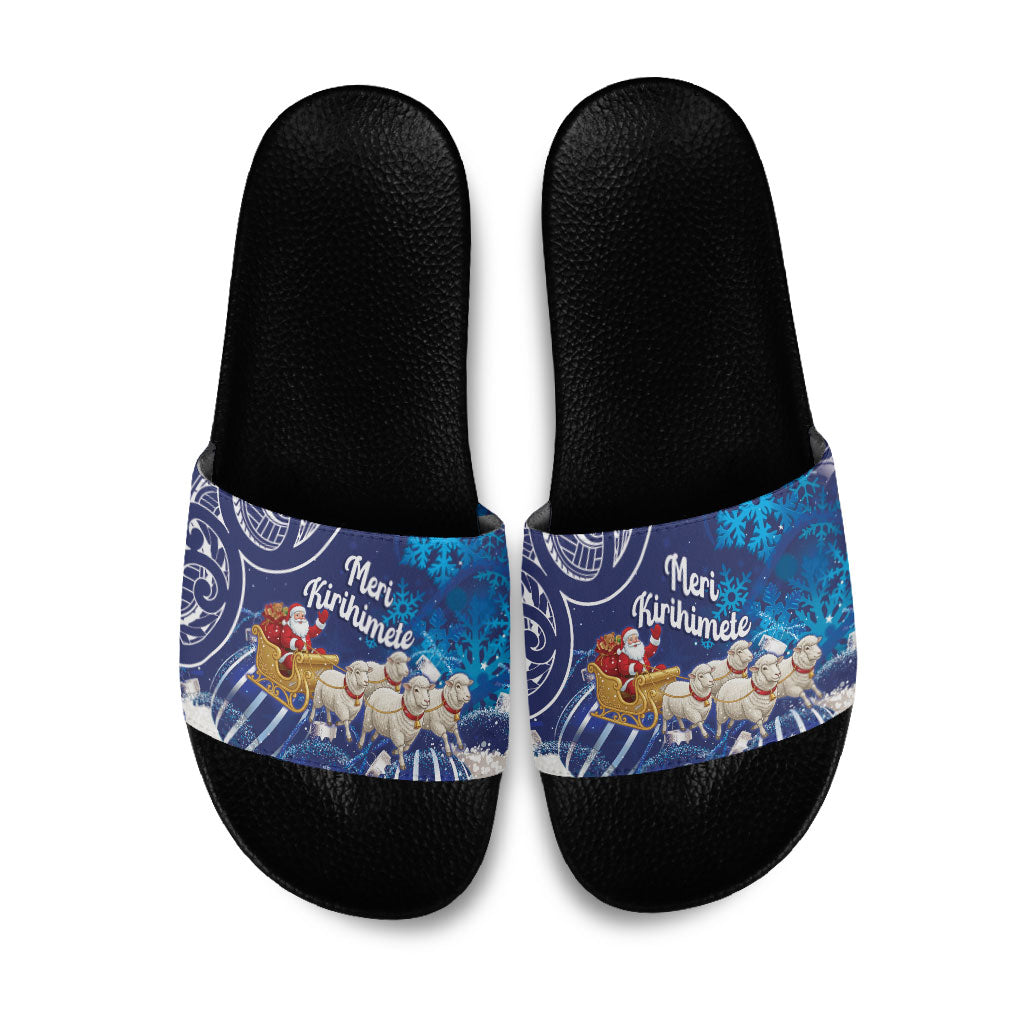 New Zealand Christmas In July Slide Sandals Funny Santa Sheep Meri Kirihimete Blue