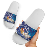 New Zealand Christmas In July Slide Sandals Funny Santa Sheep Meri Kirihimete Blue