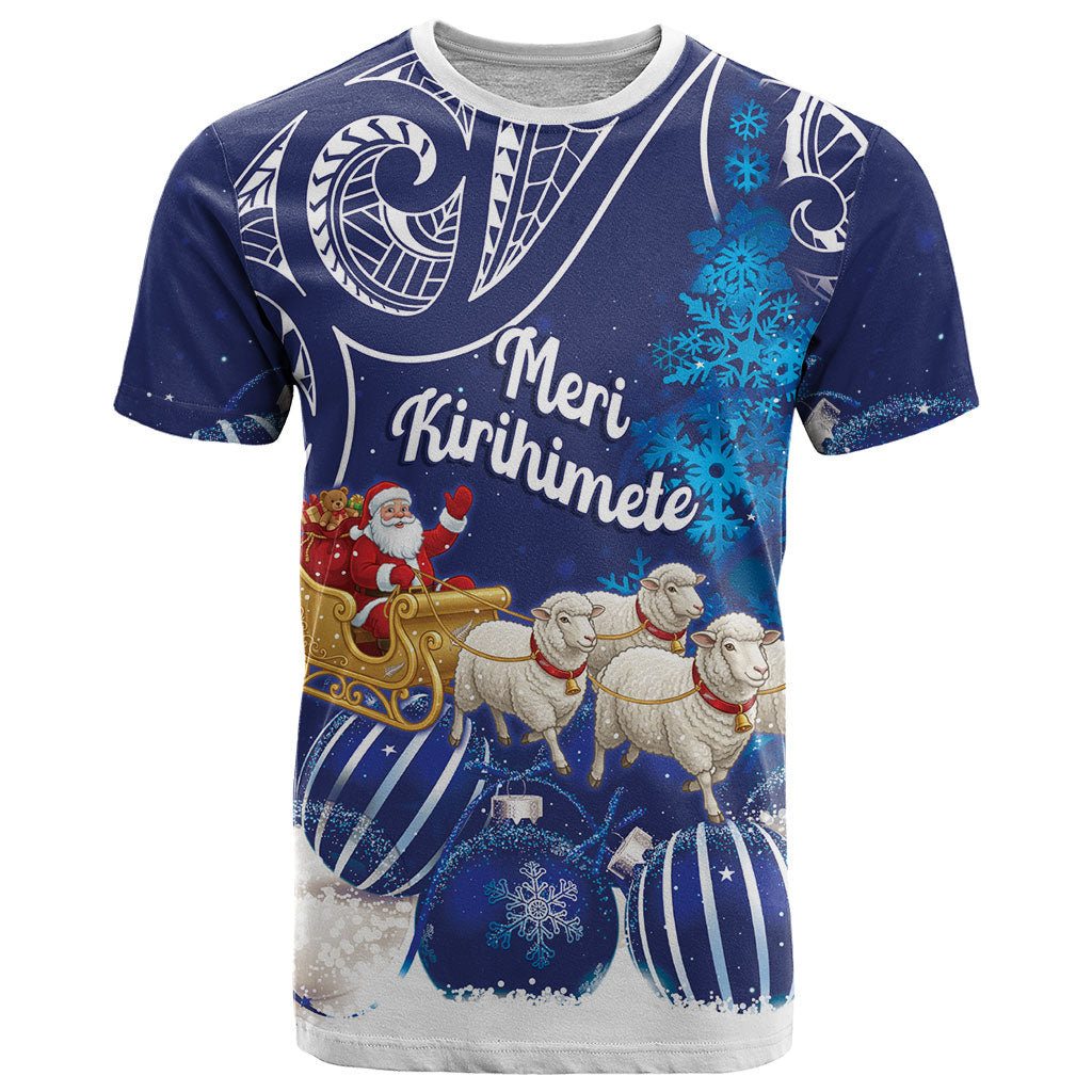 New Zealand Christmas In July Personalised T Shirt Funny Santa Sheep Meri Kirihimete Blue LT14 Blue - Polynesian Pride