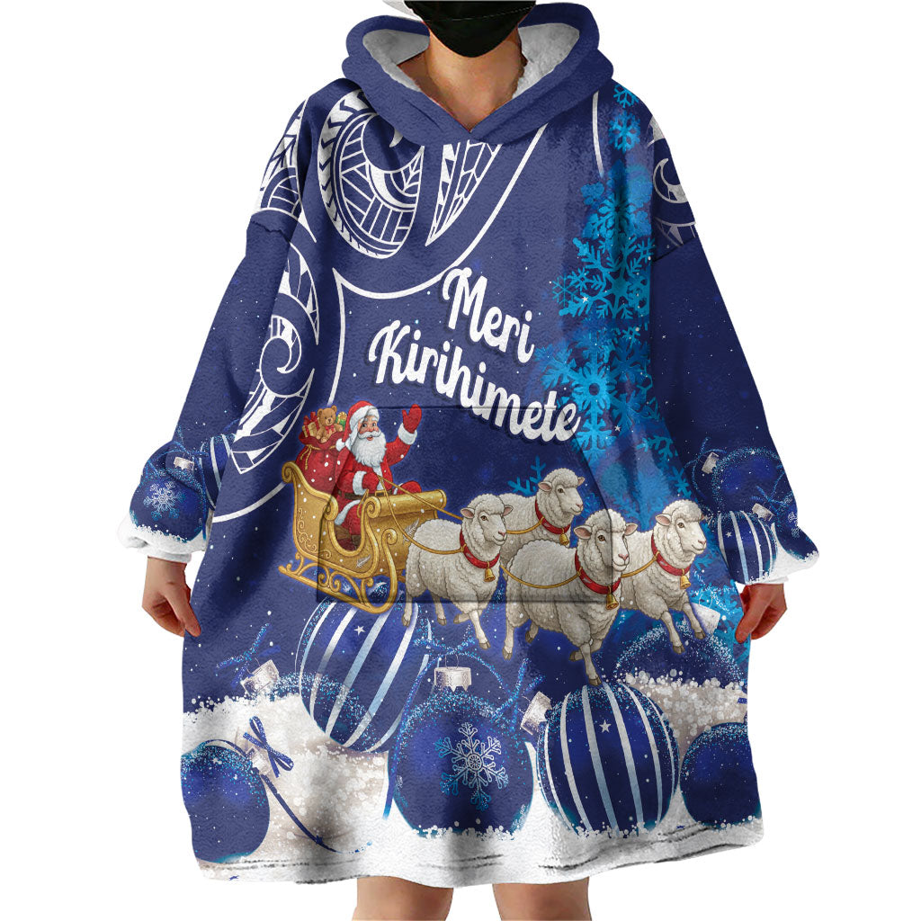 New Zealand Christmas In July Personalised Wearable Blanket Hoodie Funny Santa Sheep Meri Kirihimete Blue
