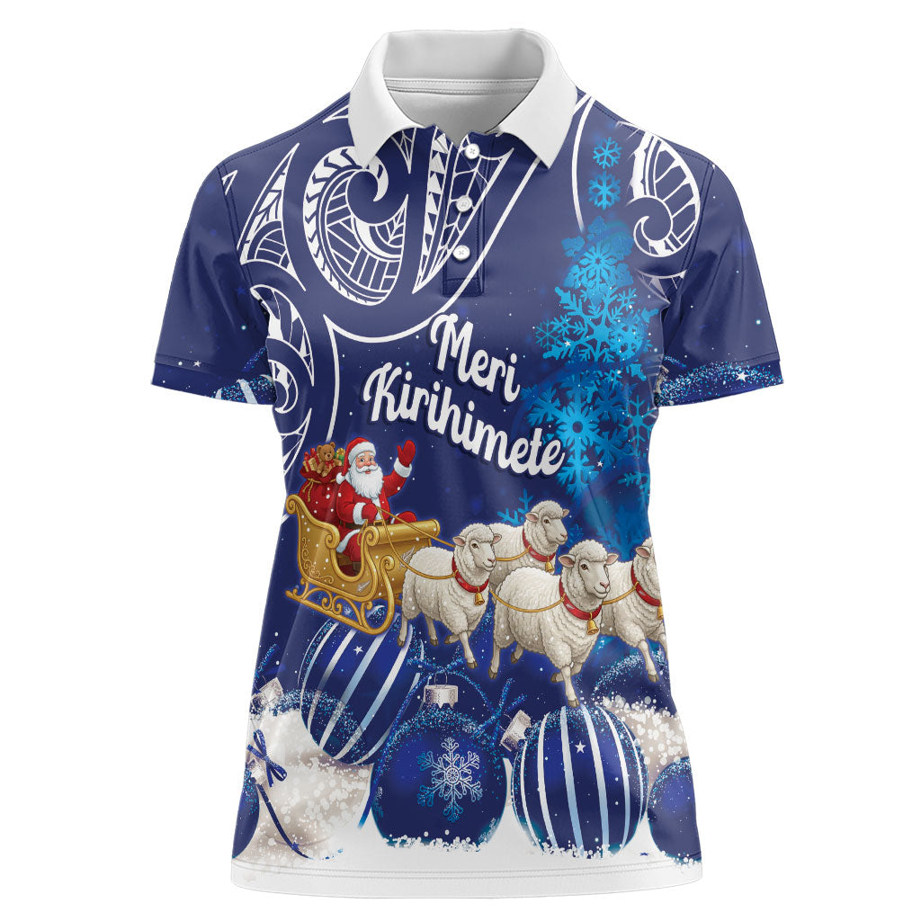 New Zealand Christmas In July Personalised Women Polo Shirt Funny Santa Sheep Meri Kirihimete Blue LT14 Female Blue - Polynesian Pride